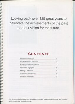 Contents page and acknowledgement of 125 year history