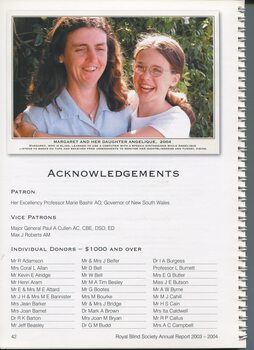 Acknowledgement of patron and individual donors with picture of Margaret and Angelique