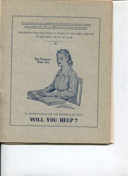 Drawing of women reading Braille with request 'Will you help?'