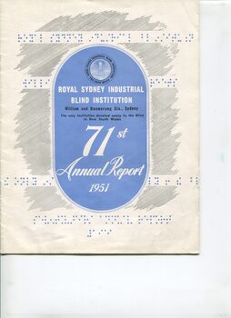 Front cover with blue Braille dots printed and logo