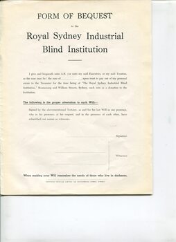 Royal Sydney Industrial Blind Institution form of bequest