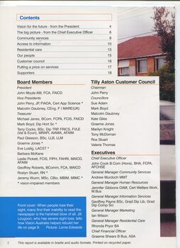 Contents listing and names of Board, TA Customer Council and Executive