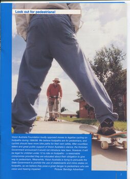 Kid on skateboard and man using walker face off on a footpath