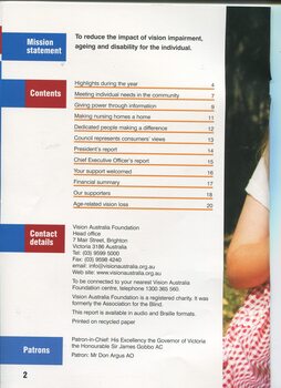 List of contents, contact details and mission statement