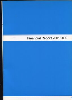 Financial report cover page blue background with white strip and black writing