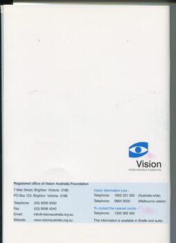 Back cover with logo and contact address and numbers