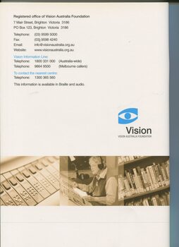 Vision logo, images of large print library, woman on radio, Braille keys