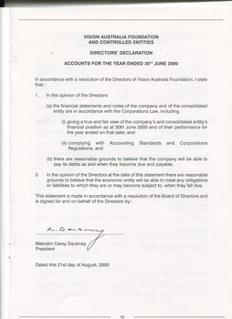 Signed Directors Declaration for financial year