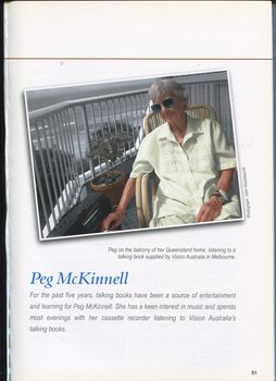 Profile of client Peg McKinnell listening to a talking book
