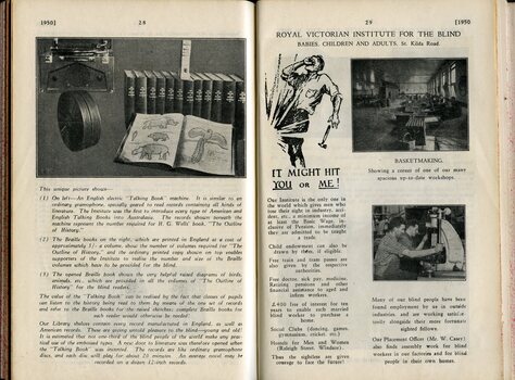 Description of Talking books and Braille and Illustration of man being hit in the eye 