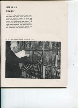 Library report and man reading Braille book