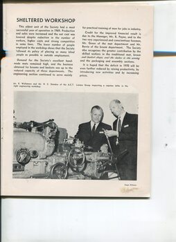 Sheltered workshop update with image of R Wellsmore and H Standen looking at a lathe