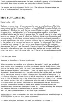 Transcript of 50 Year Reunion of Olinda guests