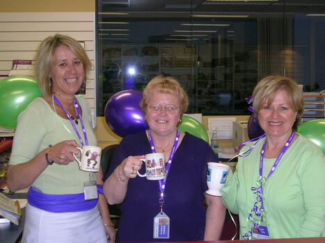 ?, Debbie O'Sullivan and Lyn Curtis in equipment shop on Branch Launch day.