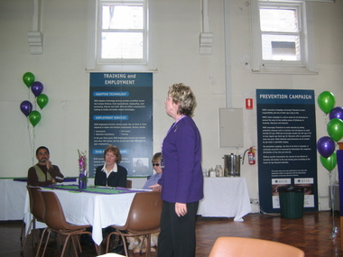 Ernie dos Santos, Lyn Clarke, Irene Sumbera and Jennifer Gibbons at branch launch party for Vision Australia