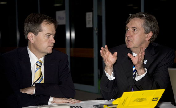 Bill Shorten and Gerard Menses with audio materials