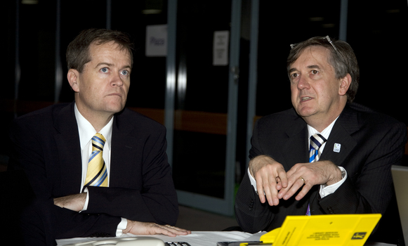 Bill Shorten and Gerard Menses with audio materials