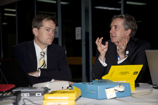 Bill Shorten and Gerard Menses with audio materials