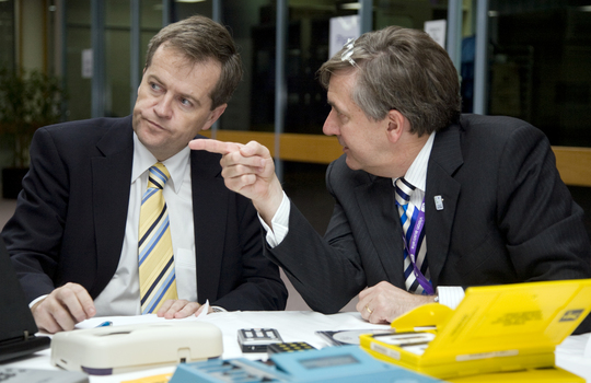 Bill Shorten and Gerard Menses with audio materials