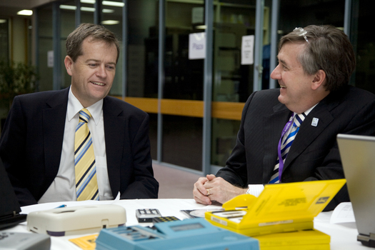 Bill Shorten and Gerard Menses with audio materials