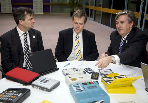 Chris Edwards, Bill Shorten and Gerard Menses with audio materials