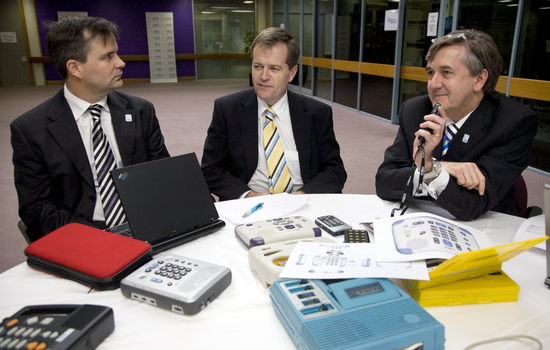 Chris Edwards, Bill Shorten and Gerard Menses with audio materials