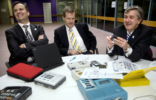 Chris Edwards, Bill Shorten and Gerard Menses with audio materials