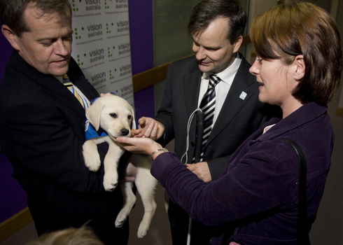 Bill Shorten holding a SEDA puppy