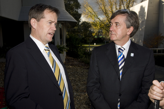 Bill Shorten with Gerard Menses outside building