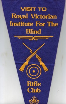 Royal blue penant with yellow writing and two crossed rifles and target