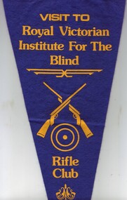 Royal blue penant with yellow writing and two crossed rifles and target