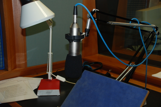 Book holder, microphone and lamp in studios
