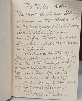 Handwritten dedication to Tilly Aston by the author
