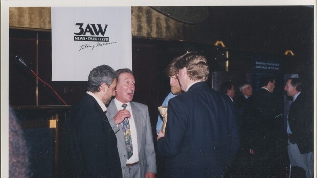 James Wright chatting with Rod Quantock, Mark Raphael Baker and another