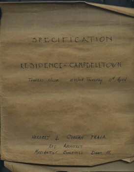 Cover sheet for specifications and architect details