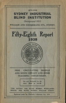 Front cover of Annual report for Sydney Blind Industrial Institution