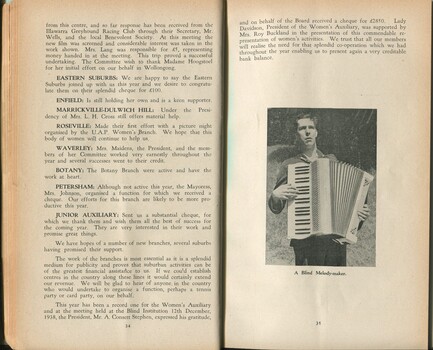 Annual report from Women's Auxiliary of the SIBI and blind musician
