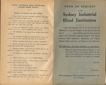Benefits derived by blind workers and Form of Bequest