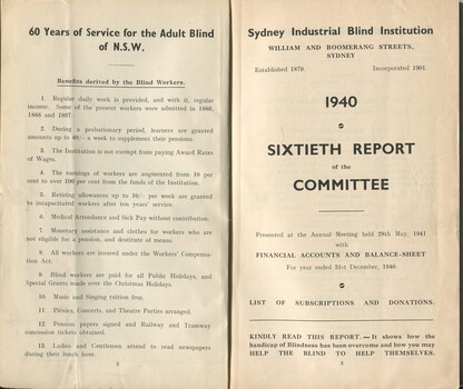 Benefits derived by blind worker and title page