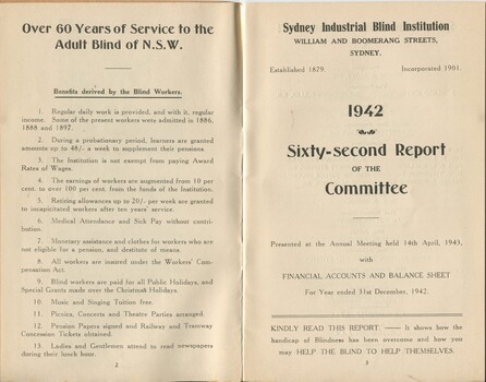 Benefits derived by Blind Workers and title page