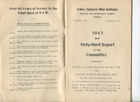 Benefits for Blind Workers and title page of annual report