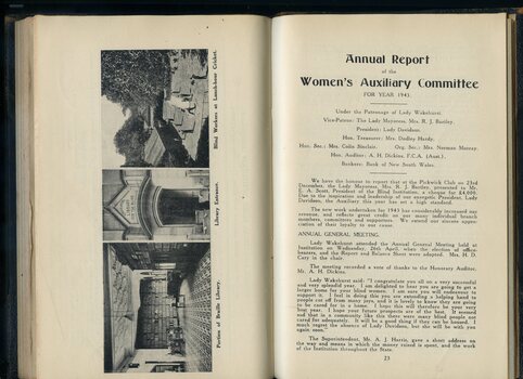 Report of the Women's Auxiliary and photos of library entrance and library and grounds