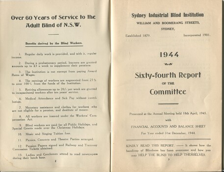 Benefits derived by blind workers and title page