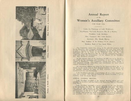 Library interior, entrance and grounds and Report from Women's Auxiliary