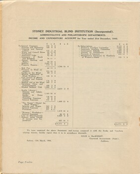 Income and Expenditure sheets for the Sydney Industrial Blind Institution
