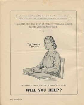 Image of woman at table reading a Braille book with request for financial support