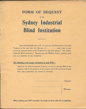 Form of Bequest for the Sydney Industrial Blind Institution