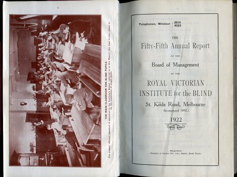 Photo of classroom and title page of annual report