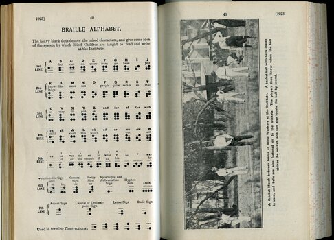 Braille alphabet and photograph of cricket match between workers