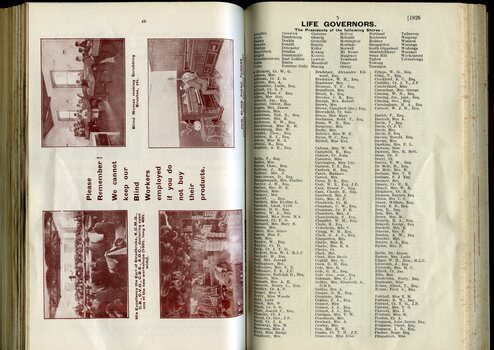 List of Life Governors and images of school room and workshops and piano tuner